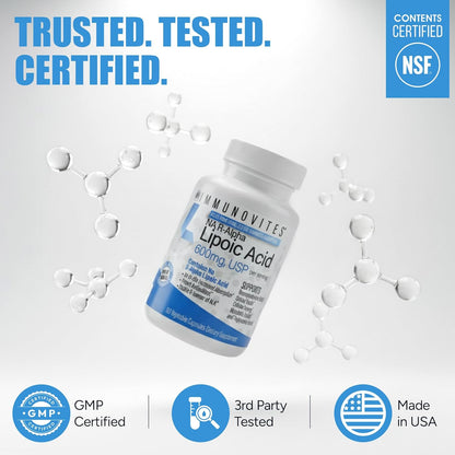 IMMUNOVITES Stabilized R-Alpha Lipoic Acid ((True)) 600mg per Serving [[High Potency & up to 40x Increased Absorption]] (Na R-ALA) (Na R-LA) (Na R-Lipoate)