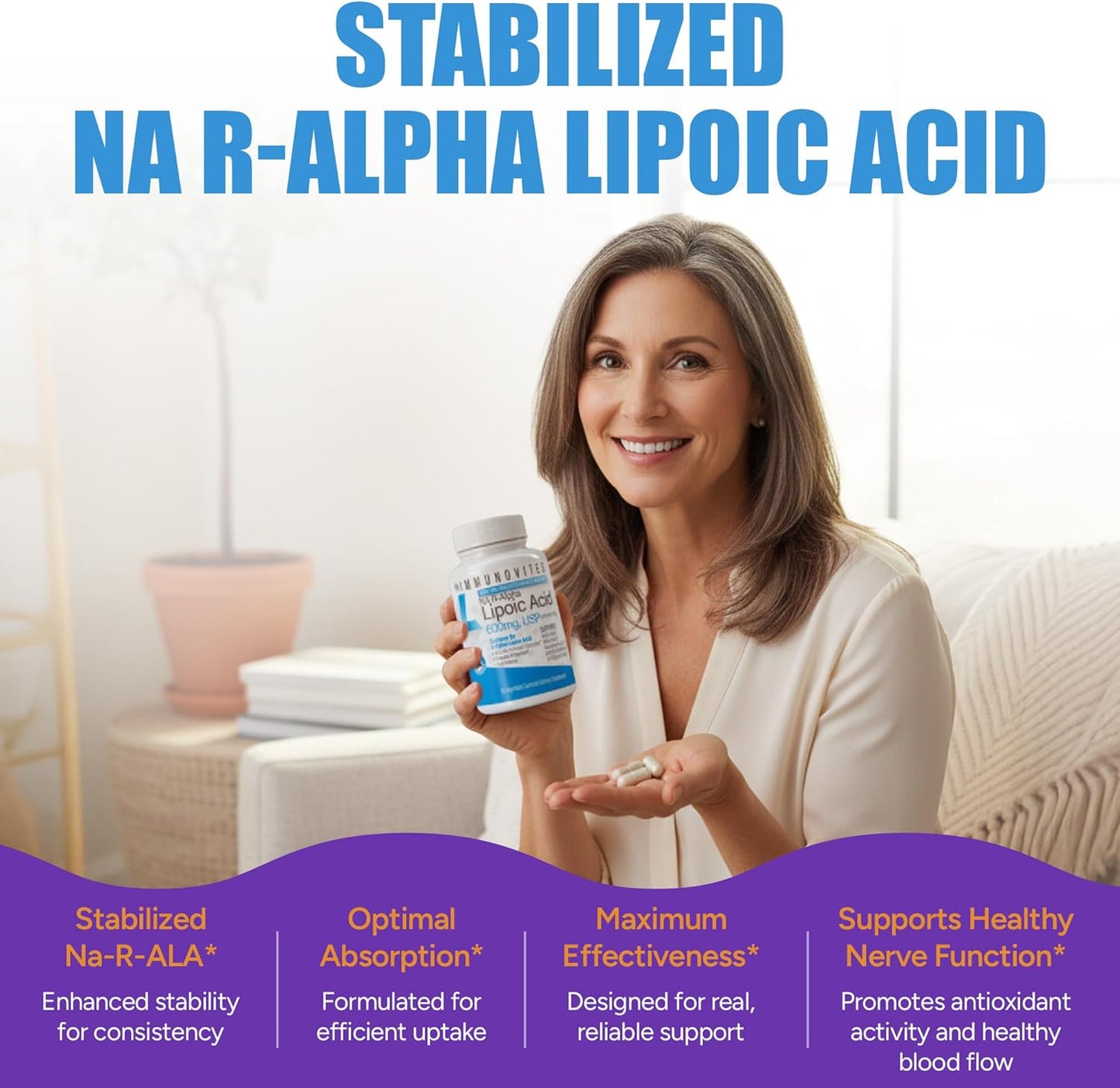 IMMUNOVITES Stabilized R-Alpha Lipoic Acid ((True)) 600mg per Serving [[High Potency & up to 40x Increased Absorption]] (Na R-ALA) (Na R-LA) (Na R-Lipoate)