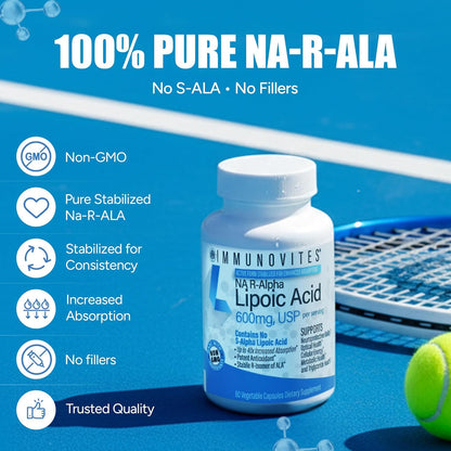 IMMUNOVITES Stabilized R-Alpha Lipoic Acid ((True)) 600mg per Serving [[High Potency & up to 40x Increased Absorption]] (Na R-ALA) (Na R-LA) (Na R-Lipoate)