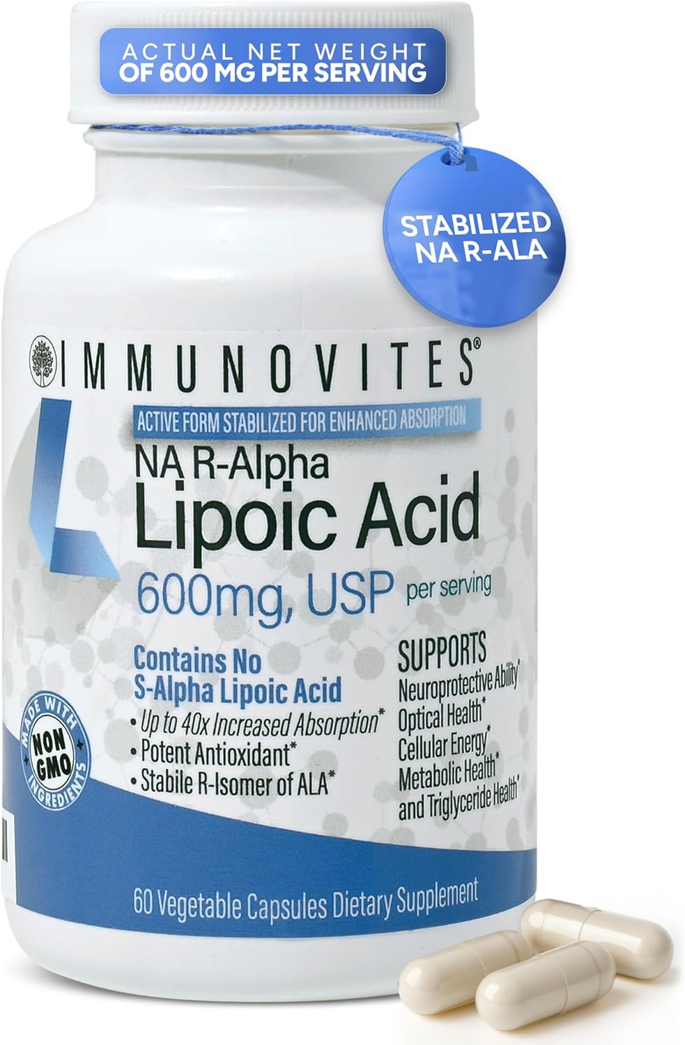 IMMUNOVITES Stabilized R-Alpha Lipoic Acid ((True)) 600mg per Serving [[High Potency & up to 40x Increased Absorption]] (Na R-ALA) (Na R-LA) (Na R-Lipoate)